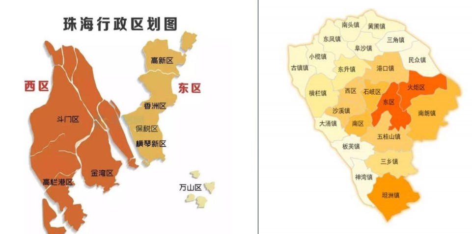 珠海,中山行政区划图(左:珠海;右:中山)